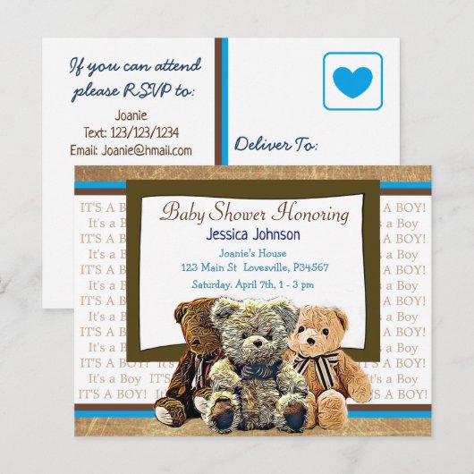 Schattigee Teddy Bear Themd Boy's Baby shower Uitnodiging Briefkaart (Voorkant / Achterkant)
