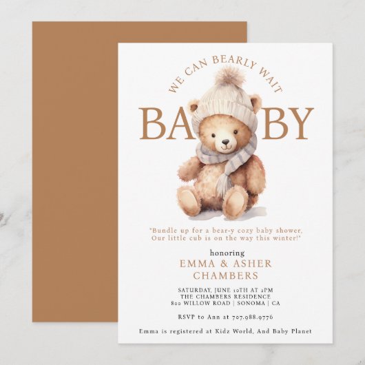 Schattigee Teddy Bear Winter Baby shower Kaart (Voorkant / Achterkant)