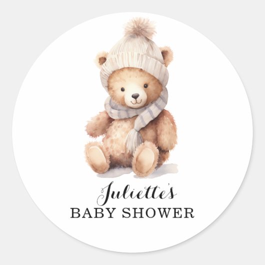 Schattigee Teddy Bear Winter Baby shower Ronde Sticker (Voorkant)
