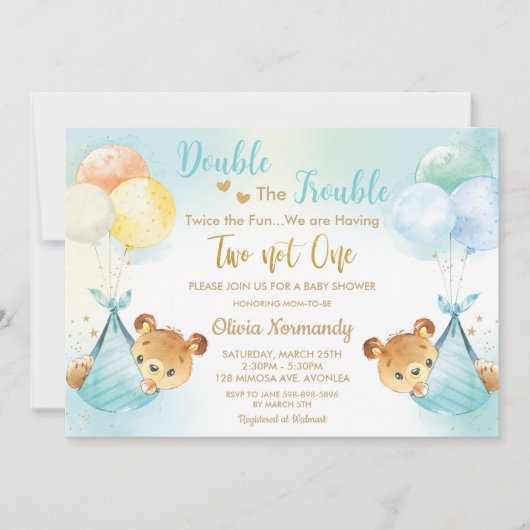 Schattigee Teddy Bears Twin Boys Twin Blue Baby sh Kaart (Voorkant)