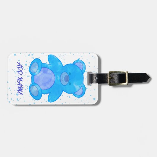 Schattigee teddybeer aangepaste tekst blauw bagagelabel (Voorkant horizontaal)