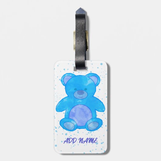 Schattigee teddybeer aangepaste tekst blauw bagagelabel (Achterkant verticaal)