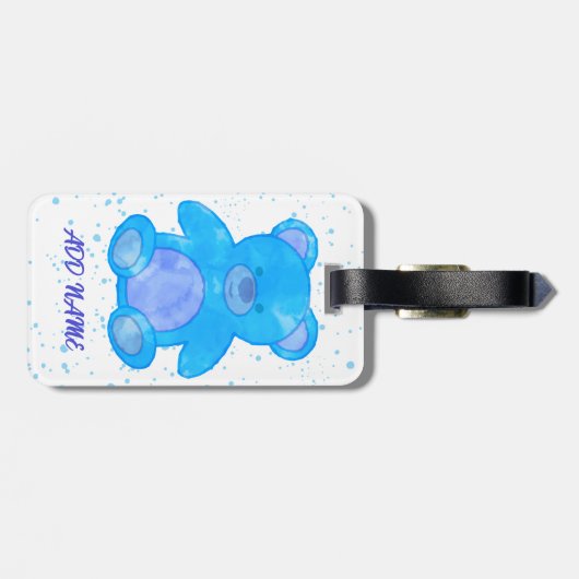 Schattigee teddybeer aangepaste tekst blauw bagagelabel (Achterkant horizontaal)