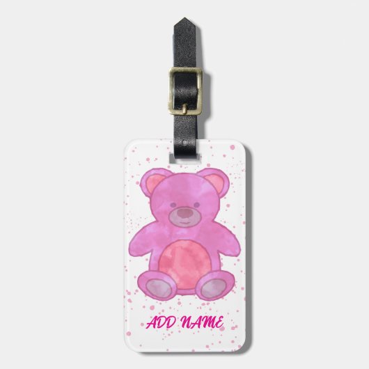 Schattigee teddybeer aangepaste tekst roze bagagelabel (Voorkant verticaal)