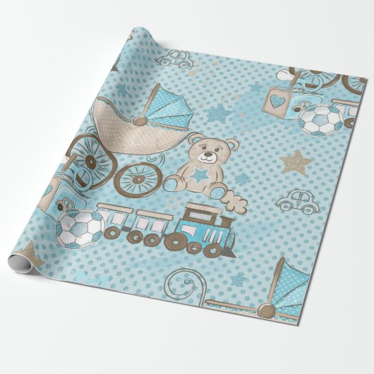 Schattigee teddybeer baby boy douche blauw cadeaupapier (Uitgerold)
