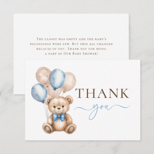 Schattigee teddybeer ballonnen | Blue Boy-Baby sho Bedankkaart (Voorkant / Achterkant)