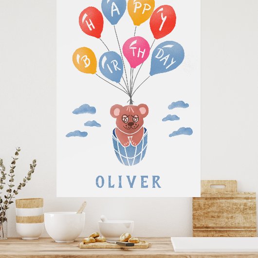 Schattigee teddybeer ballonnen jongen verjaardagsf poster (Keuken)