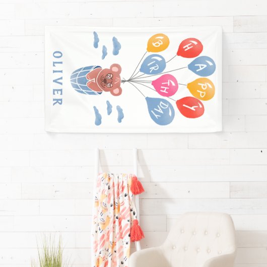 Schattigee teddybeer ballonnen jongen verjaardagsf spandoek (Insitu)