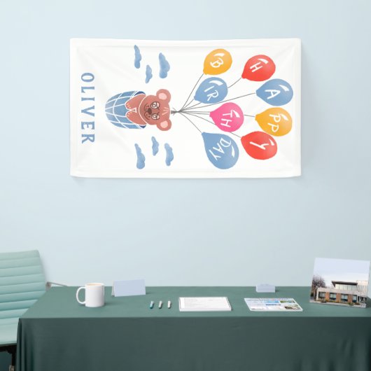 Schattigee teddybeer ballonnen jongen verjaardagsf spandoek (Beurs)