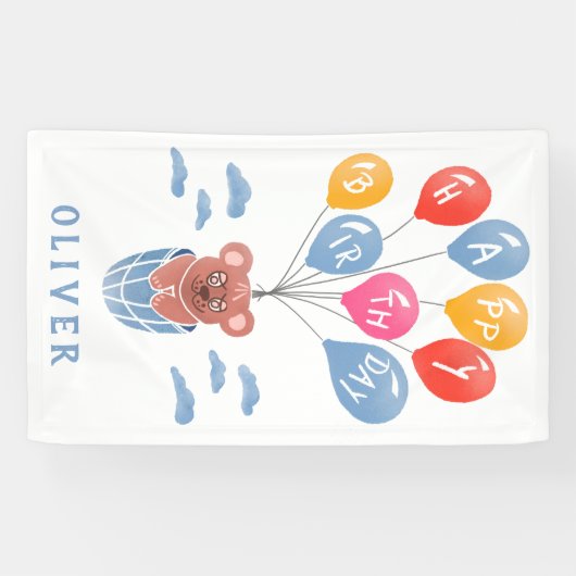 Schattigee teddybeer ballonnen jongen verjaardagsf spandoek (Horizontaal)
