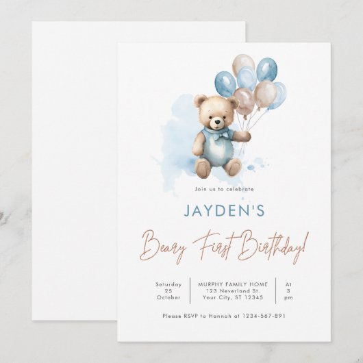 Schattigee teddybeer Beary eerste verjaardag Blue  Kaart (Voorkant / Achterkant)