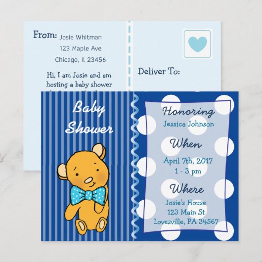 Schattigee teddybeer blauw Baby shower uitnodiging (Voorkant / Achterkant)