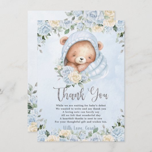 Schattigee teddybeer blauw bloembundel jongen Baby Bedankkaart (Voorkant / Achterkant)