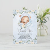 Schattigee teddybeer blauw bloembundel jongen Baby Bedankkaart (Staand voorkant)