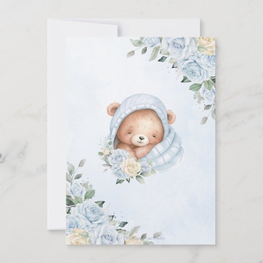 Schattigee teddybeer blauw bloembundel jongen Baby Bedankkaart (Achterkant)