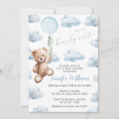 Schattigee teddybeer blauwe ballon baby boy shower kaart (Voorkant)