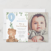 Schattigee Teddybeer blauwe ballonnen 1e verjaarda Kaart (Voorkant)