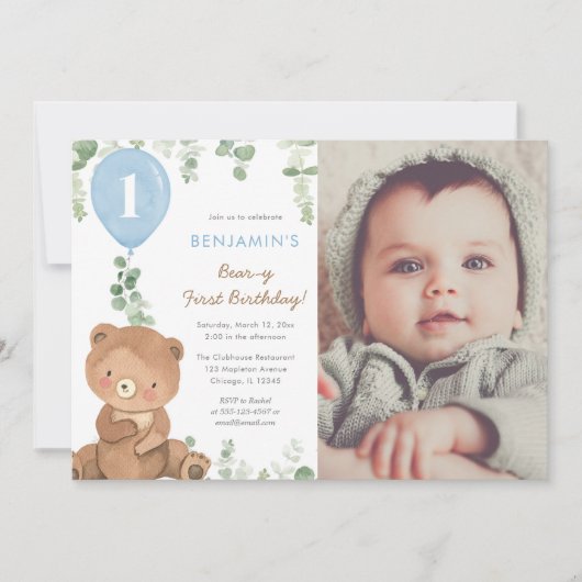 Schattigee Teddybeer blauwe ballonnen 1e verjaarda Kaart (Voorkant)