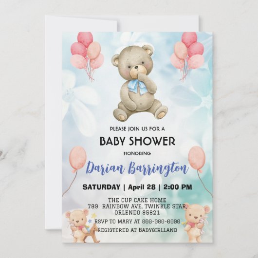 Schattigee teddybeer bloem ballon baby boy shower kaart (Voorkant)