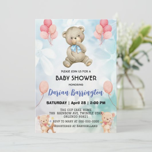 Schattigee teddybeer bloem ballon baby boy shower kaart (Staand voorkant)