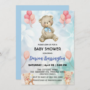 Schattigee teddybeer bloem ballon baby boy shower kaart