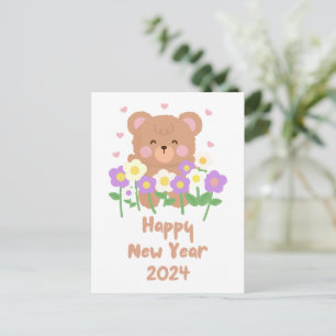 Schattigee teddybeer bloemen nieuwjaar briefkaart