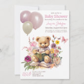 Schattigee teddybeer bloemroze ballonnen Baby show Kaart (Voorkant)