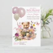 Schattigee teddybeer bloemroze ballonnen Baby show Kaart (Staand voorkant)