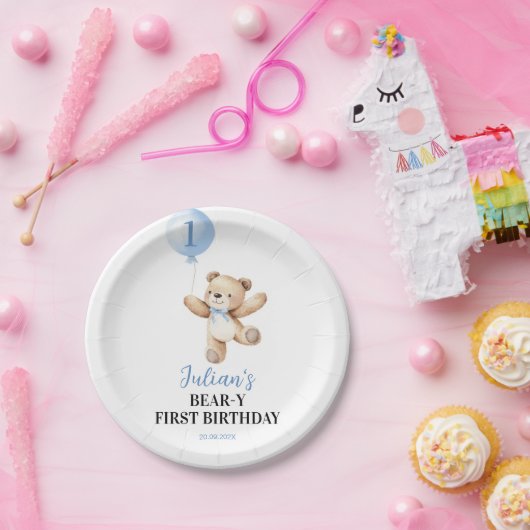 Schattigee Teddybeer Blue Balloon Beary Verjaardag Papieren Bordje (Feest)