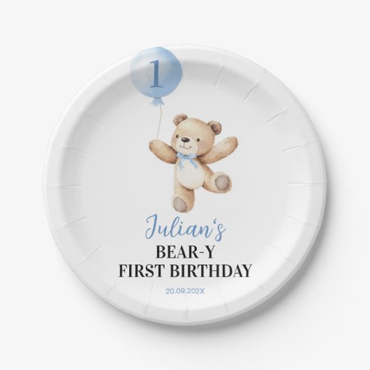 Schattigee Teddybeer Blue Balloon Beary Verjaardag Papieren Bordje (Voorkant)