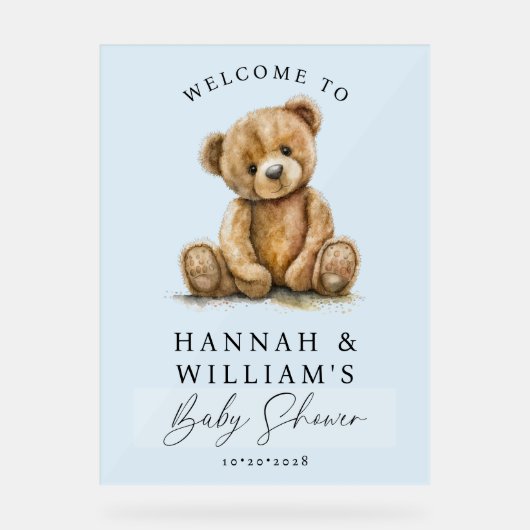 Schattigee teddybeer Blue Boy Baby shower welkomst Acryl Bord (Voorkant)
