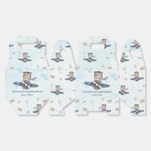 Schattigee teddybeer Blue Plane Boy Verjaardag Nie Bedankdoosjes (Ongevouwen)