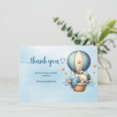 Schattigee teddybeer bruin ivoorblauw heteluchtbal bedankkaart (Staand voorkant)