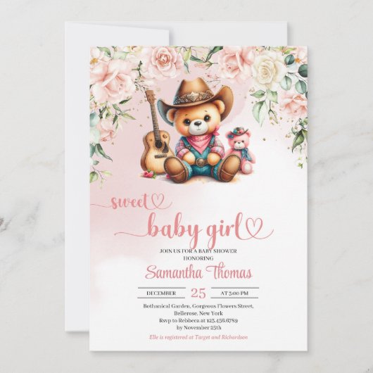 Schattigee teddybeer cowgirl baby shower kaart (Voorkant)