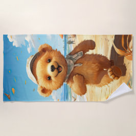 Schattigee teddybeer die op het strand loopt strandlaken