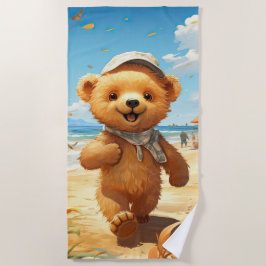 Schattigee teddybeer die op het strand loopt strandlaken