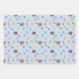 Schattigee teddybeer en maanpatroon op blauw inpakpapier vel