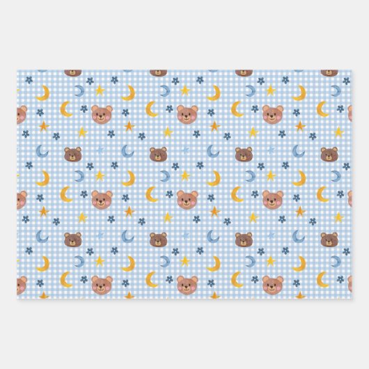 Schattigee teddybeer en maanpatroon op blauw inpakpapier vel (Voorkant)