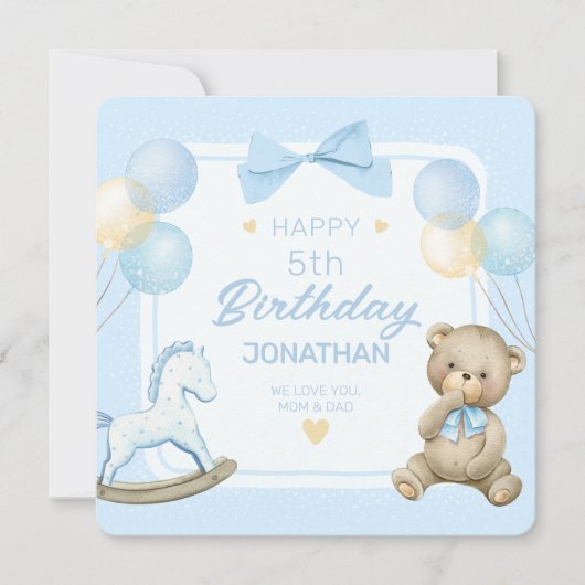 Schattigee teddybeer en schommelpaard kaart (Voorkant)