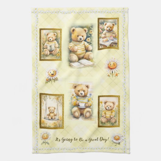 Schattigee teddybeer geel grote dag plezier gelukk theedoek (Verticaal)