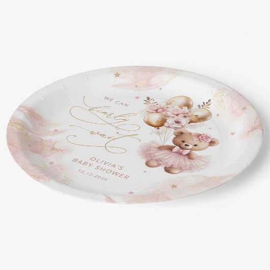Schattigee teddybeer gouden ballon roze baby meisj papieren bordje (Gekanteld)