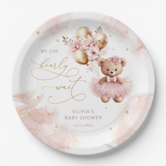 Schattigee teddybeer gouden ballon roze baby meisj papieren bordje (Voorkant)