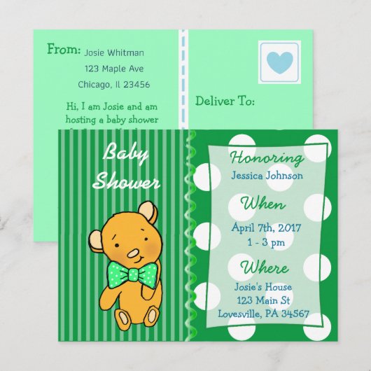 Schattigee teddybeer groen Baby shower uitnodiging (Voorkant / Achterkant)