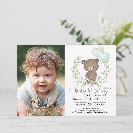 Schattigee teddybeer groene ballonnen neutrale ver kaart (Staand voorkant)