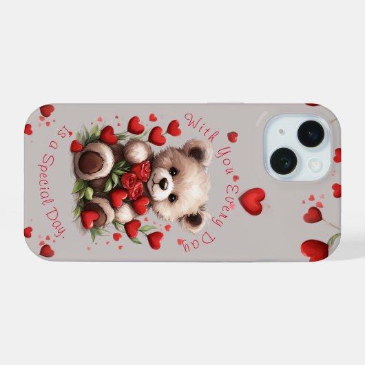 Schattigee teddybeer harten rode rozen Valentijnsd iPhone 15 Case (Achterkant horizontaal)