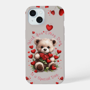 Schattigee teddybeer harten rode rozen Valentijnsd iPhone 15 Case