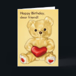 Schattigee Teddybeer Hypnotist Vriend Verjaardag Kaart<br><div class="desc">Leuke verjaardagskaart voor vriend met een digitale illustratie van een gele donzige teddybeer met een rood hart en de aanpasbare tekst "Happy Birthday,  lieve vriend!". Deze teddybeer verjaardagskaart zal een beroep doen op iemand die houdt van teddyberen en schattige illustraties.</div>