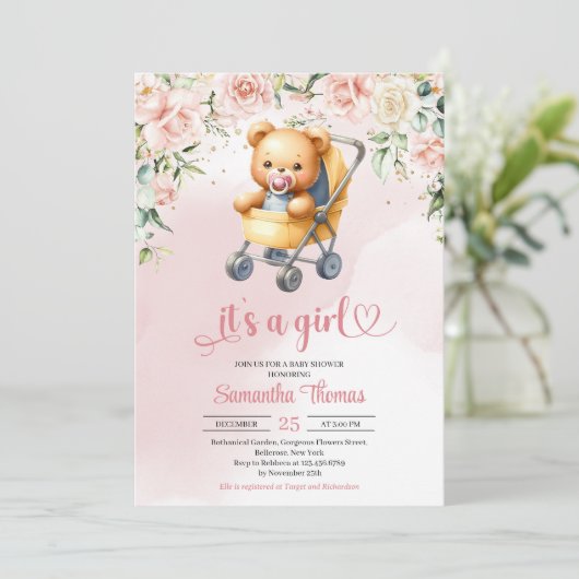 Schattigee teddybeer in baby wandelwagen Bloemenme Kaart (Staand voorkant)