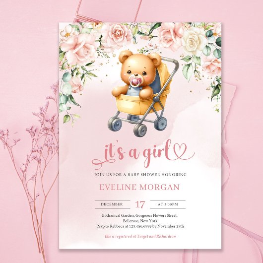 Schattigee teddybeer in baby wandelwagen Bloemenme Kaart