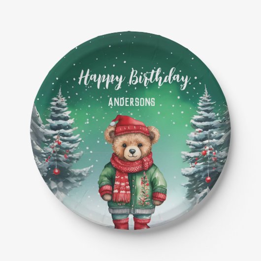 Schattigee teddybeer kerstboom verjaardagsfeestje  papieren bordje (Voorkant)